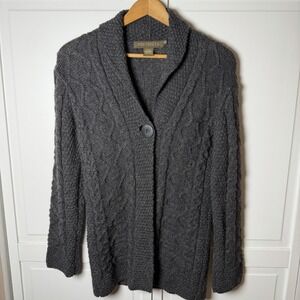 Inis Crafts 100% Merino Wool Cable-Knit Cardigan Sweater Eclectic Grandpa Grey S
